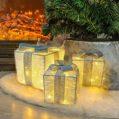 Set von 3 weihnachtlich beleuchteten Geschenkboxen